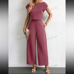Pink T-shirt and wide leg pants two piece set